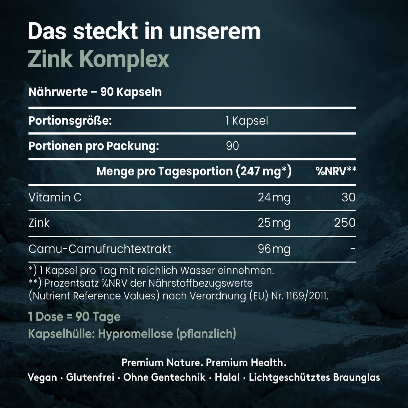 Tabella nutrizionale: Zink Komplex. 90 capsule. Per porzione: 1 capsula. Ingredienti: vitamina C, zinco, estratto di frutta di camu-camu. Involucro della capsula: ipromellosa.