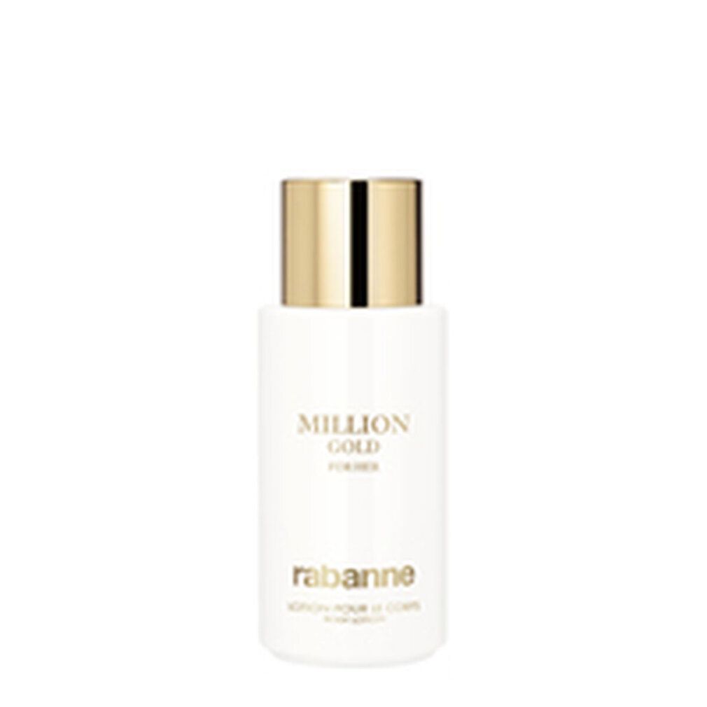 Flacone bianco con tappo dorato. Scritta: MILLION GOLD FOR HER, rabanne. Lotion pour le corps.