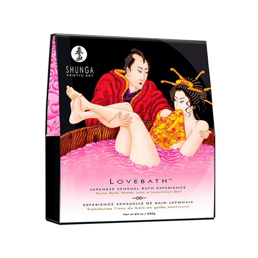 Confezione con illustrazione di una coppia in una vasca da bagno. Testo: LOVEBATH, SHUNGA EROTIC ART. Contenuto: 650g.