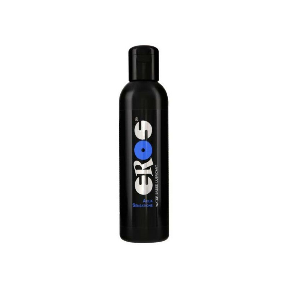Flacone nero con tappo a ribalta. Scritta EROS, Aqua Sensations e Water Based Lubricant.