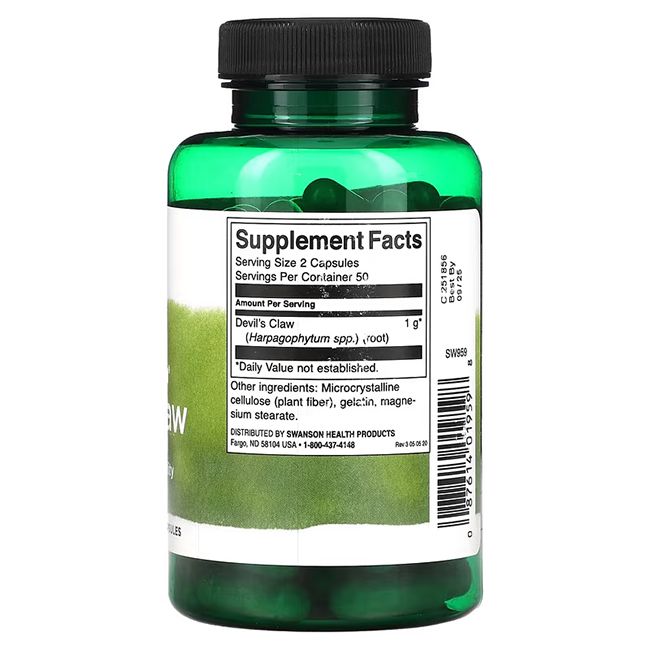 Flacone verde con tappo nero. Retro con informazioni nutrizionali: Devil's Claw, 1g per porzione, ingredienti.