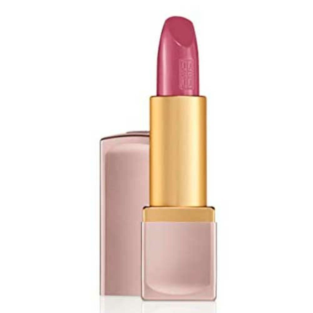 Rossetto rosa in un astuccio dorato con coperchio rosa. Il rossetto è aperto, mostrando il colore rosa.