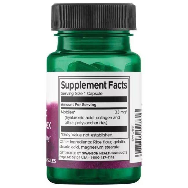 Retro del flacone verde. Etichetta con informazioni nutrizionali. Contiene acido ialuronico, collagene e altri polisaccaridi.