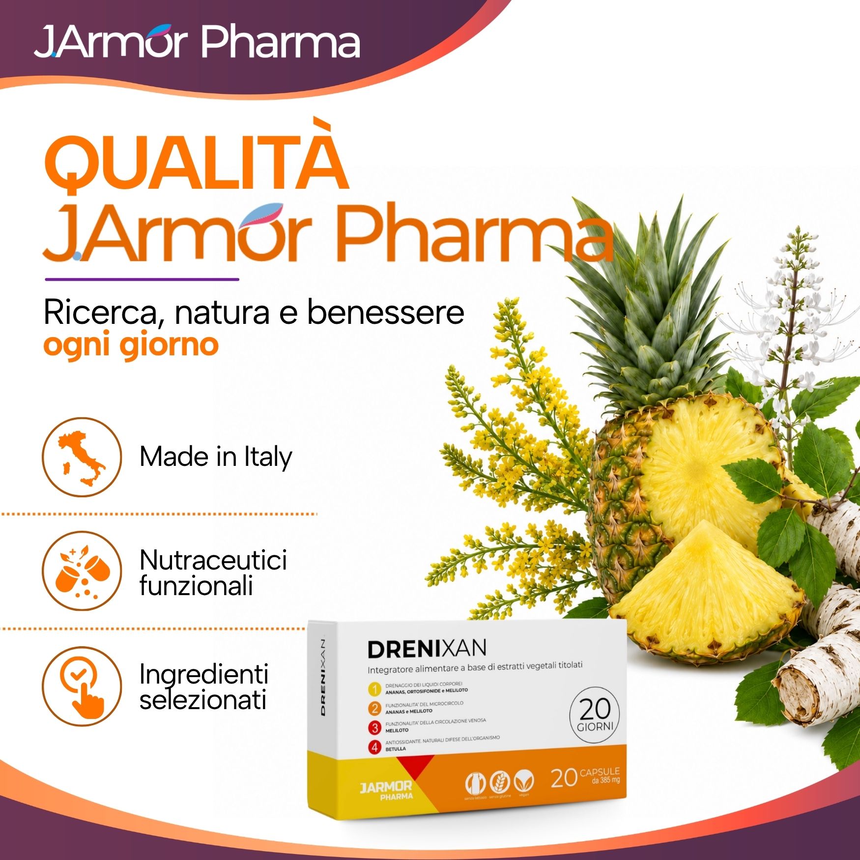 Drenixan: Made in Italy, nutraceutici funzionali, ingredienti selezionati. Jarmor Pharma.