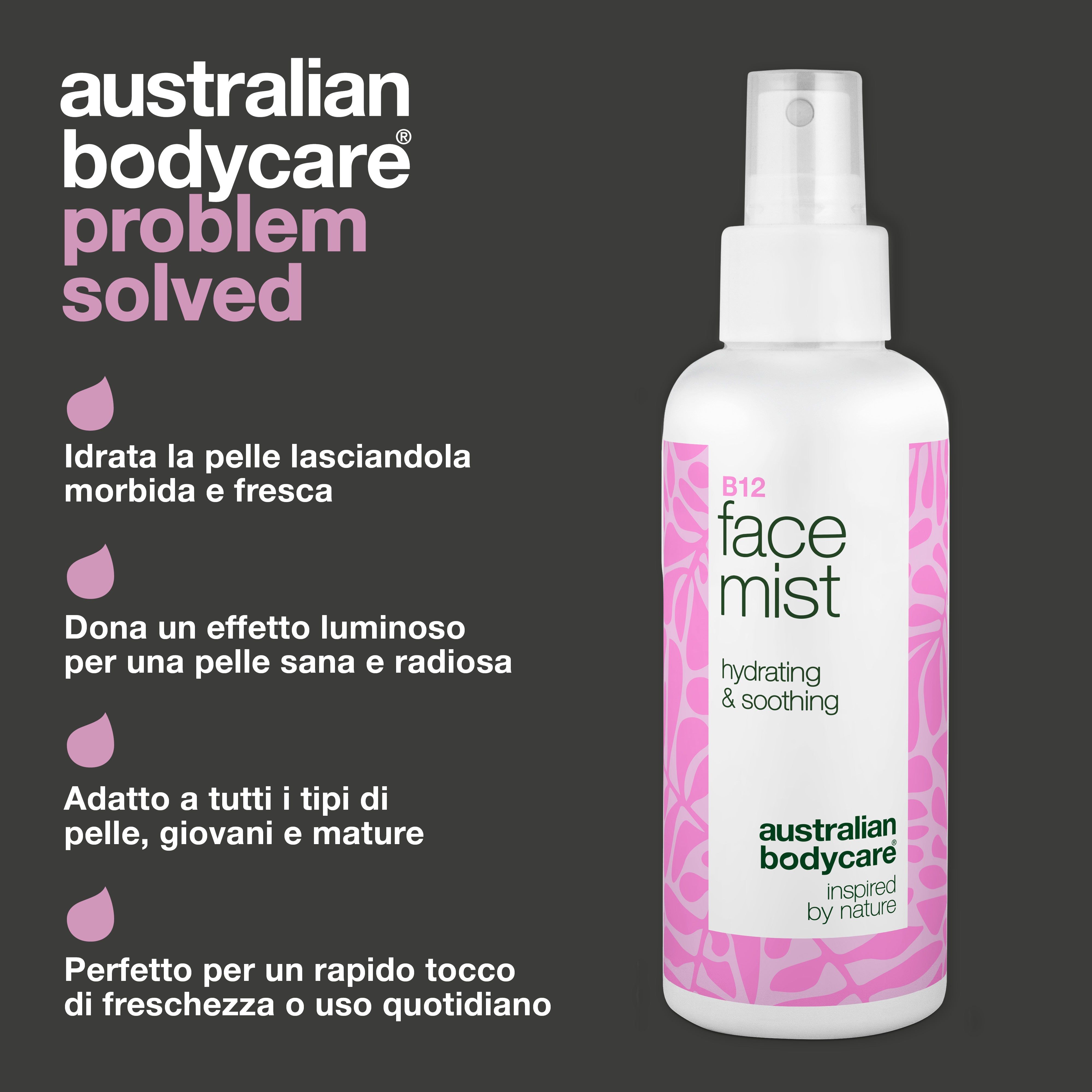 Spray con scritta: B12 face mist, hydrating & soothing. Marchio: Australian Bodycare. Testo: Idratata la pelle lasciandola morbida e fresca.