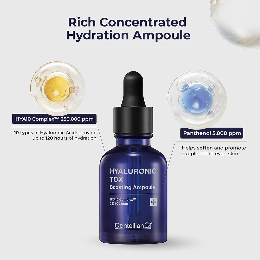 Flacone blu con contagocce, accanto infografica. Testo: HYALURONIC TOX Boosting Ampoule. Contiene Hya10 Complex e Pantenolo.