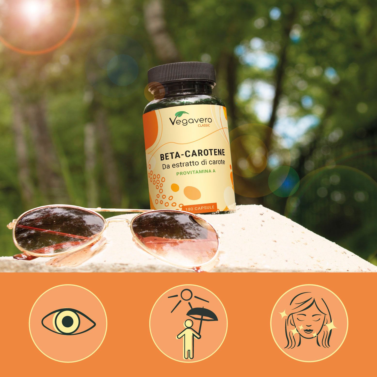 Flacone di capsule di beta-carotene accanto agli occhiali da sole. In background: sole, persona con ombrello, viso con stelle.