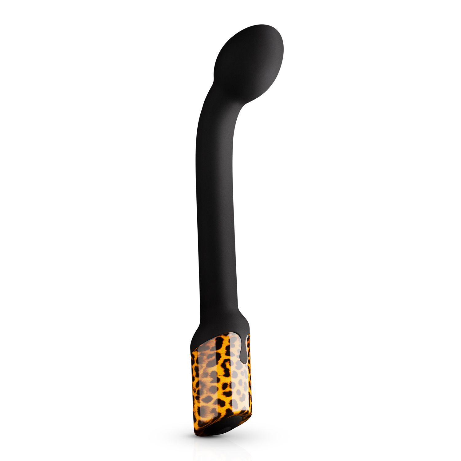 Vibratore nero curvo con base a fantasia leopardata, su sfondo bianco. Il prodotto è presentato da solo.