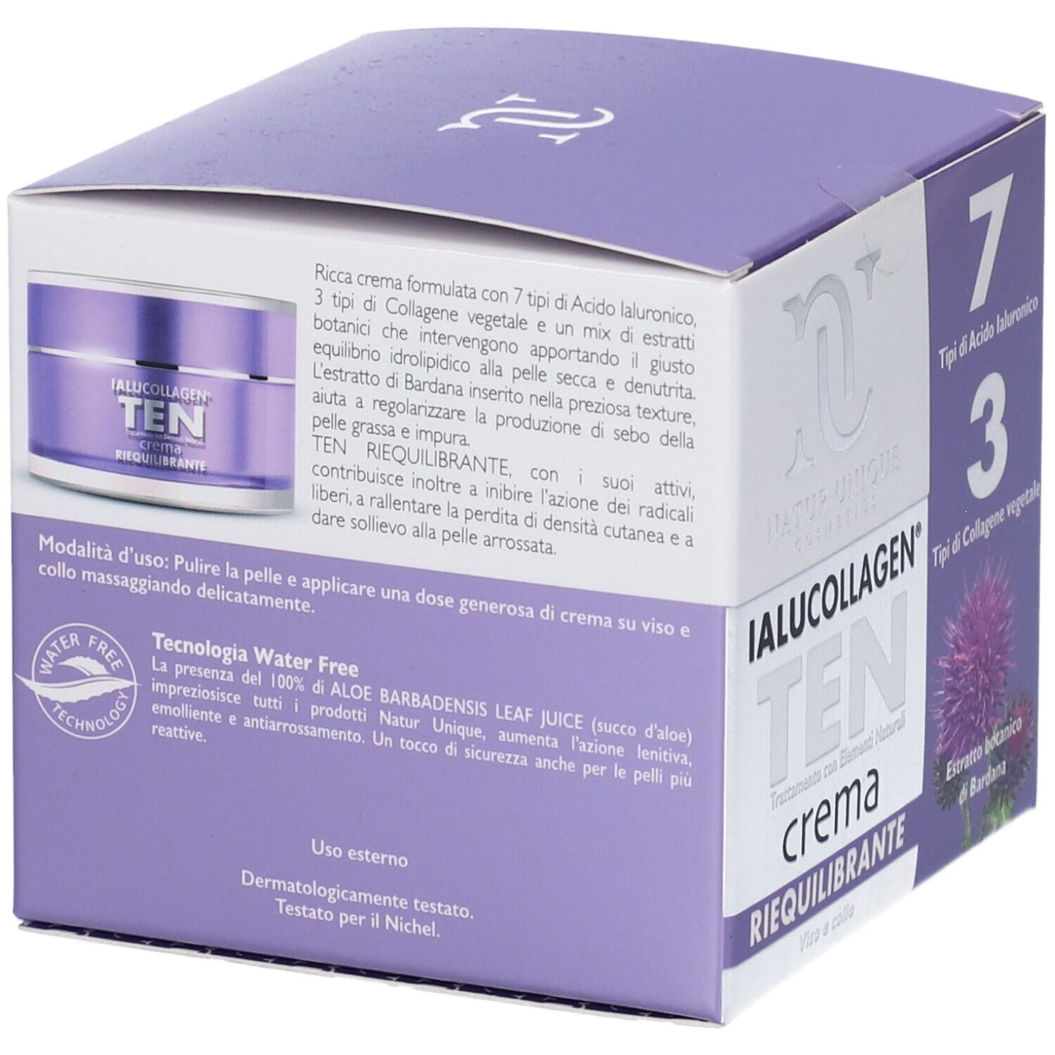 Confezione del prodotto Ialucollagen Ten Cream. Contiene 7 tipi di acido ialuronico e 3 di collagene vegetale. Testo e logo.