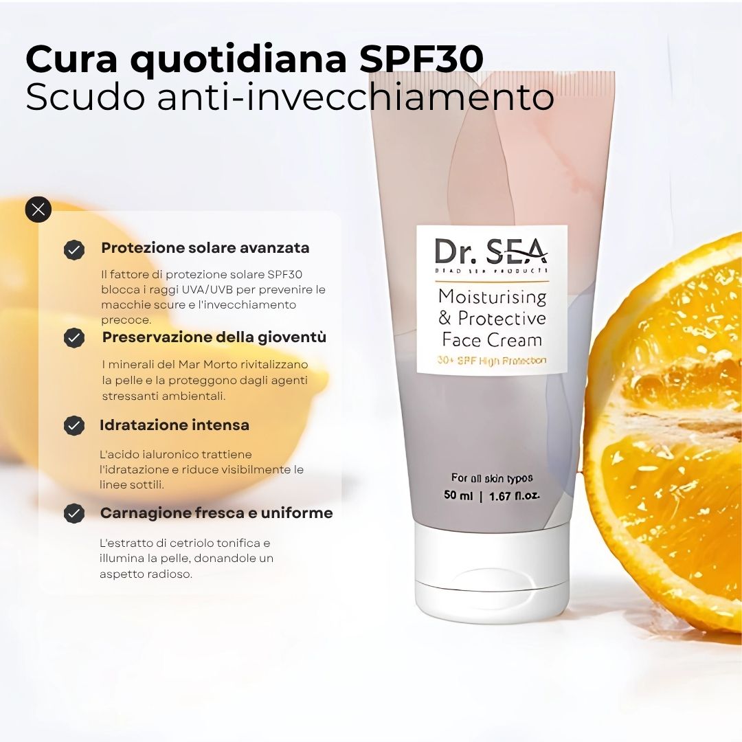 Tubo di crema con testo. Scritta: Dr. SEA, Moisturising & Protective Face Cream SPF30+. Con limone e testo.