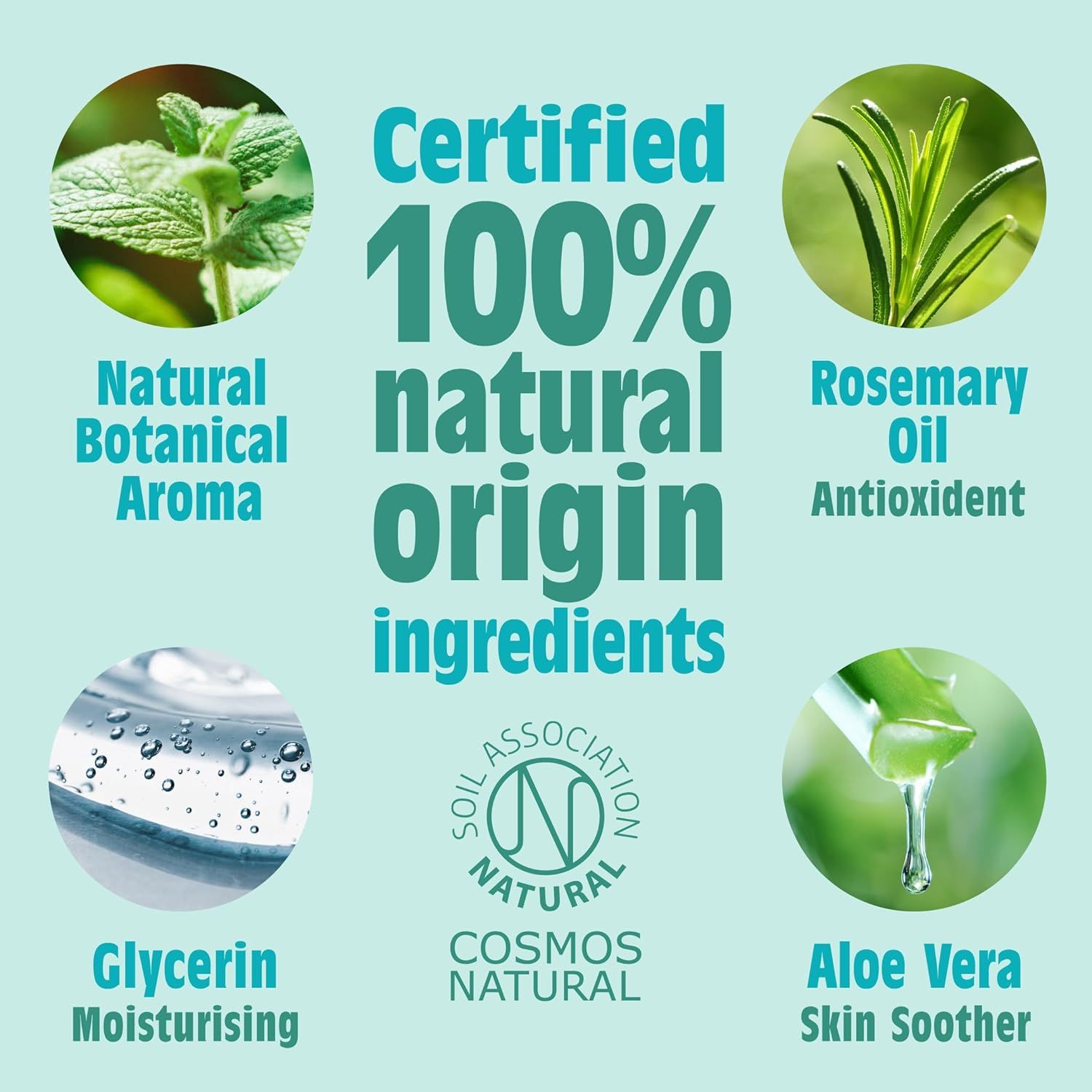 Disposizione circolare degli ingredienti: Aloe Vera, glicerina, olio di rosmarino, menta. Ingredienti 100% naturali, COSMOS NATURAL.