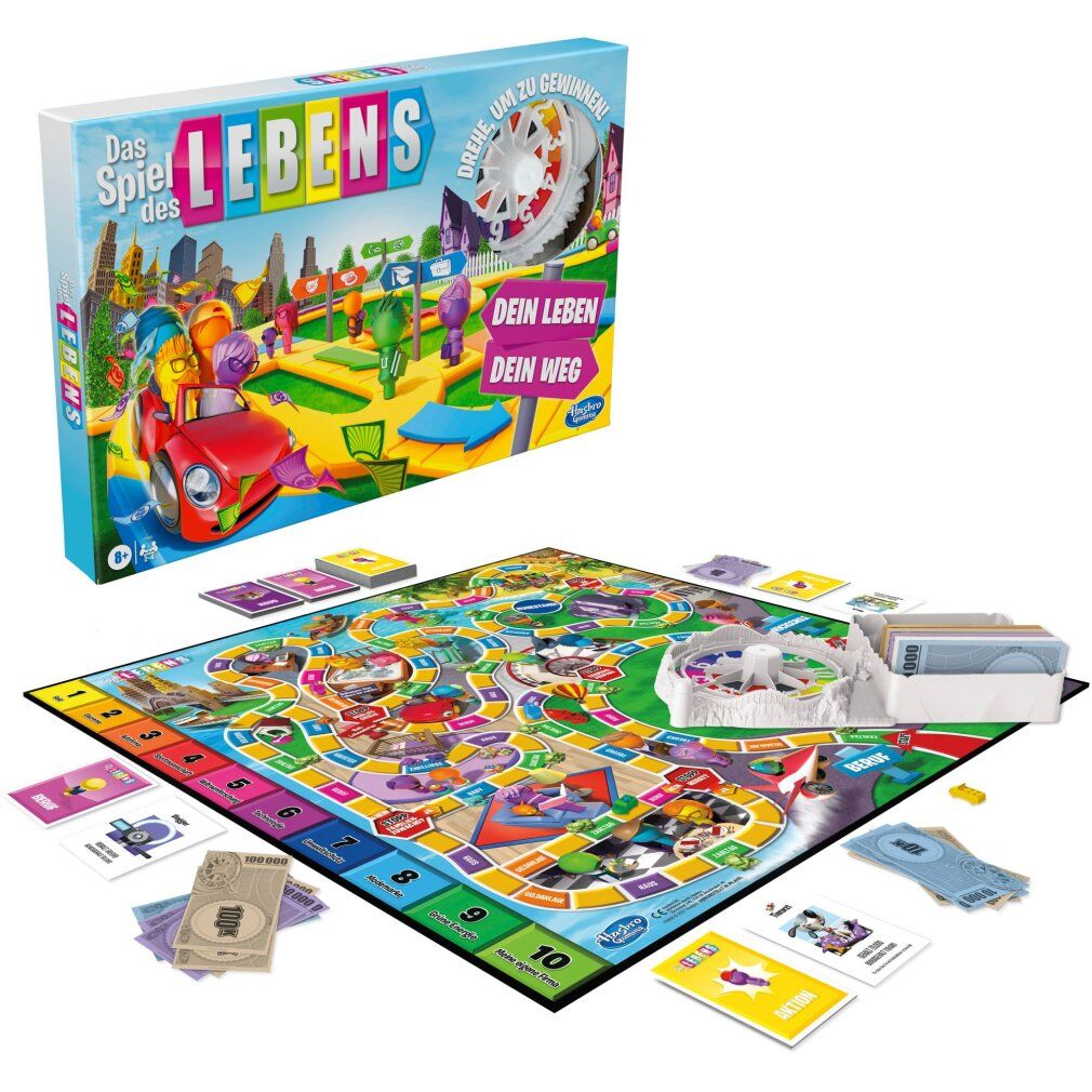 Gioco da tavolo con tabellone, carte e accessori. Confezione con titolo "Das Spiel des Lebens".