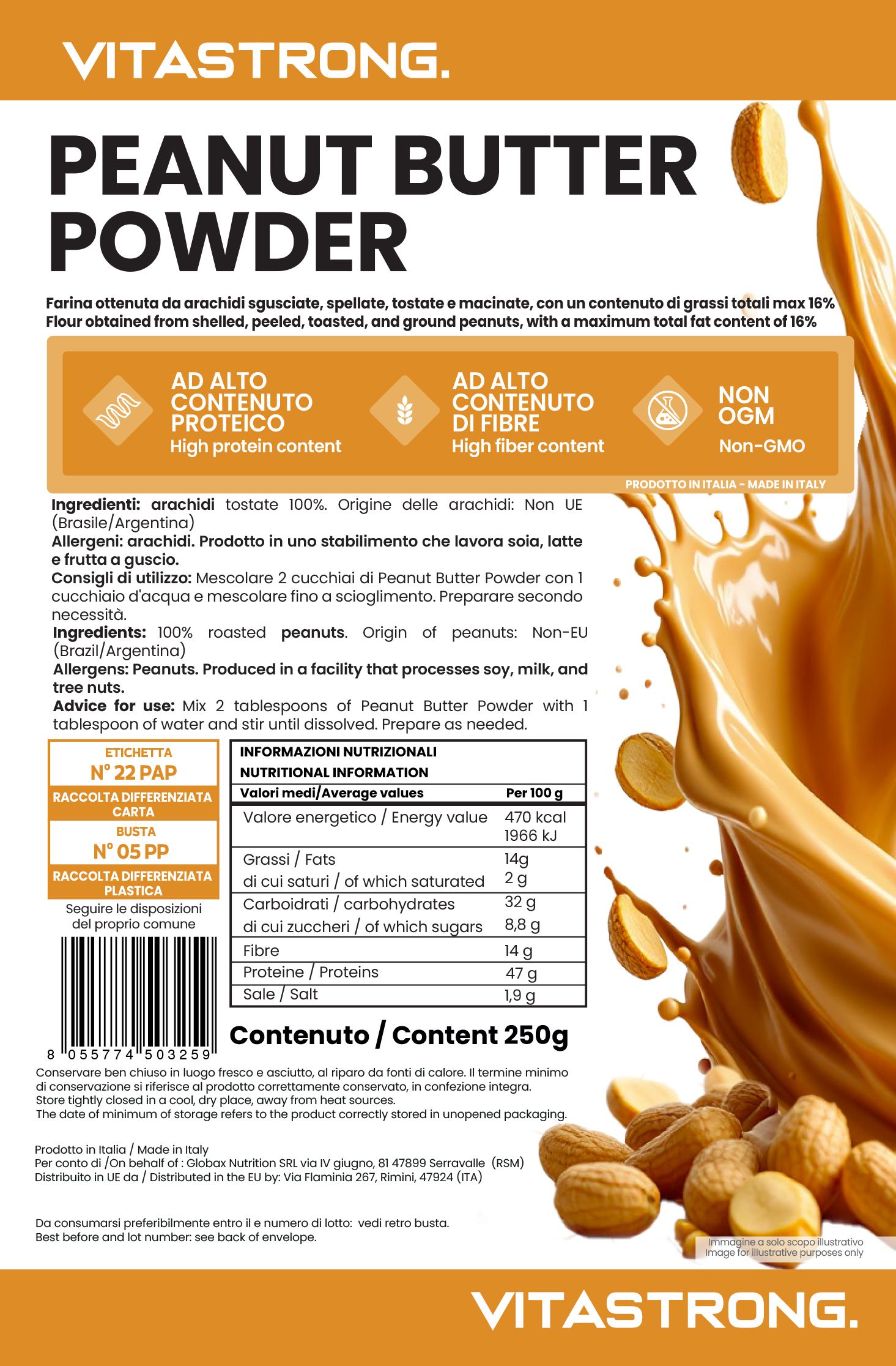 Confezione Vitastrong Peanut Butter Powder. Testo: High Protein, High Fiber, Non-OGM. Contenuto 250g. Arachidi e spruzzi di burro di arachidi.