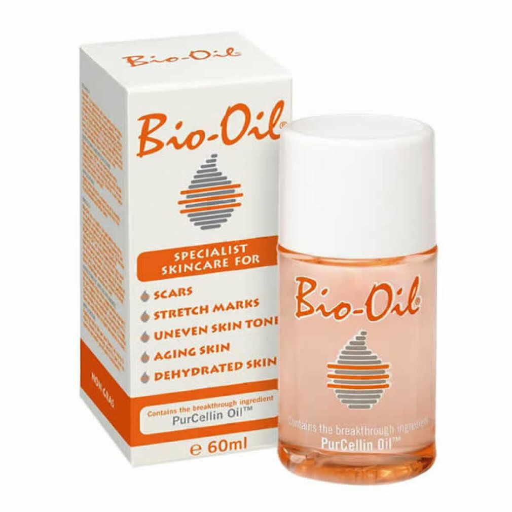 Flacone e confezione Bio-Oil. Flacone con tappo bianco, logo arancione. Confezione con testo: Specialist Skincare for.