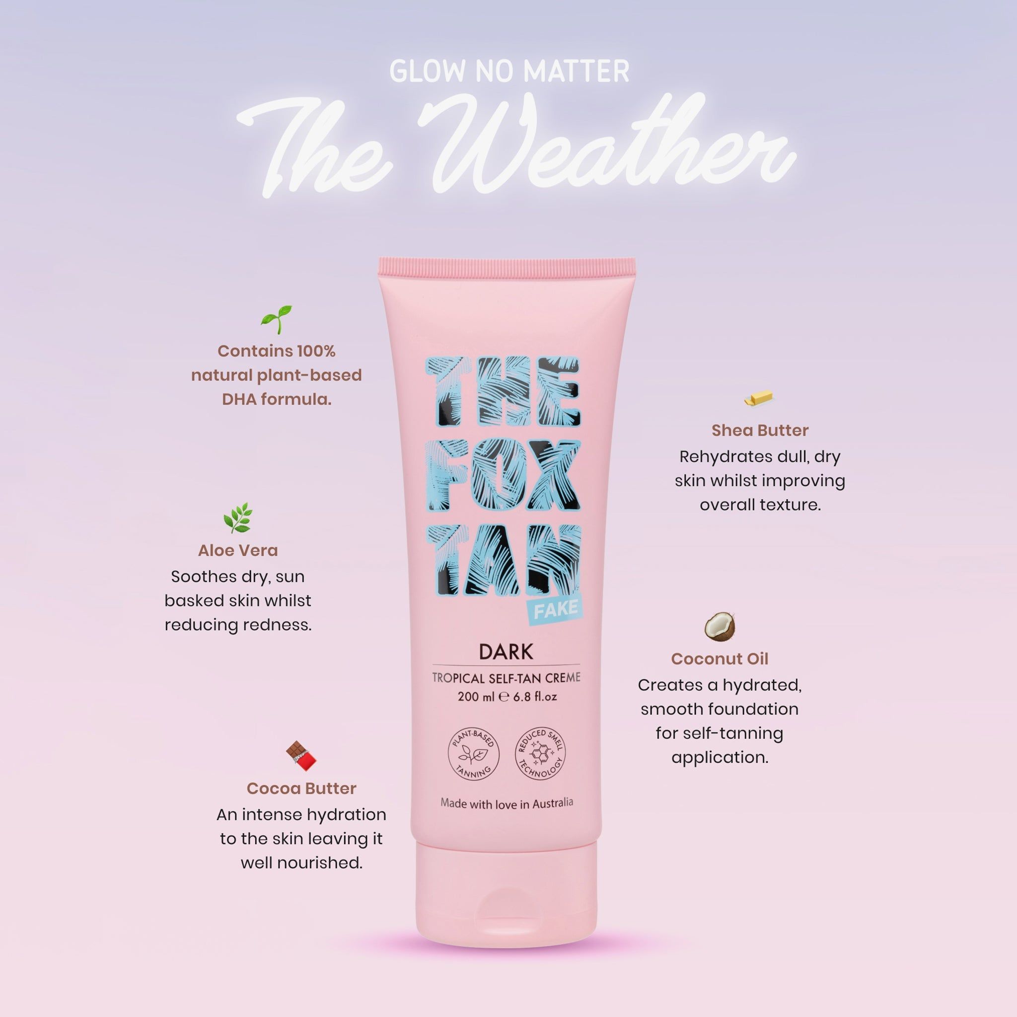 Tubo rosa con testo e icone ingredienti. Contiene Aloe Vera, burro di karité, olio di cocco e burro di cacao.
