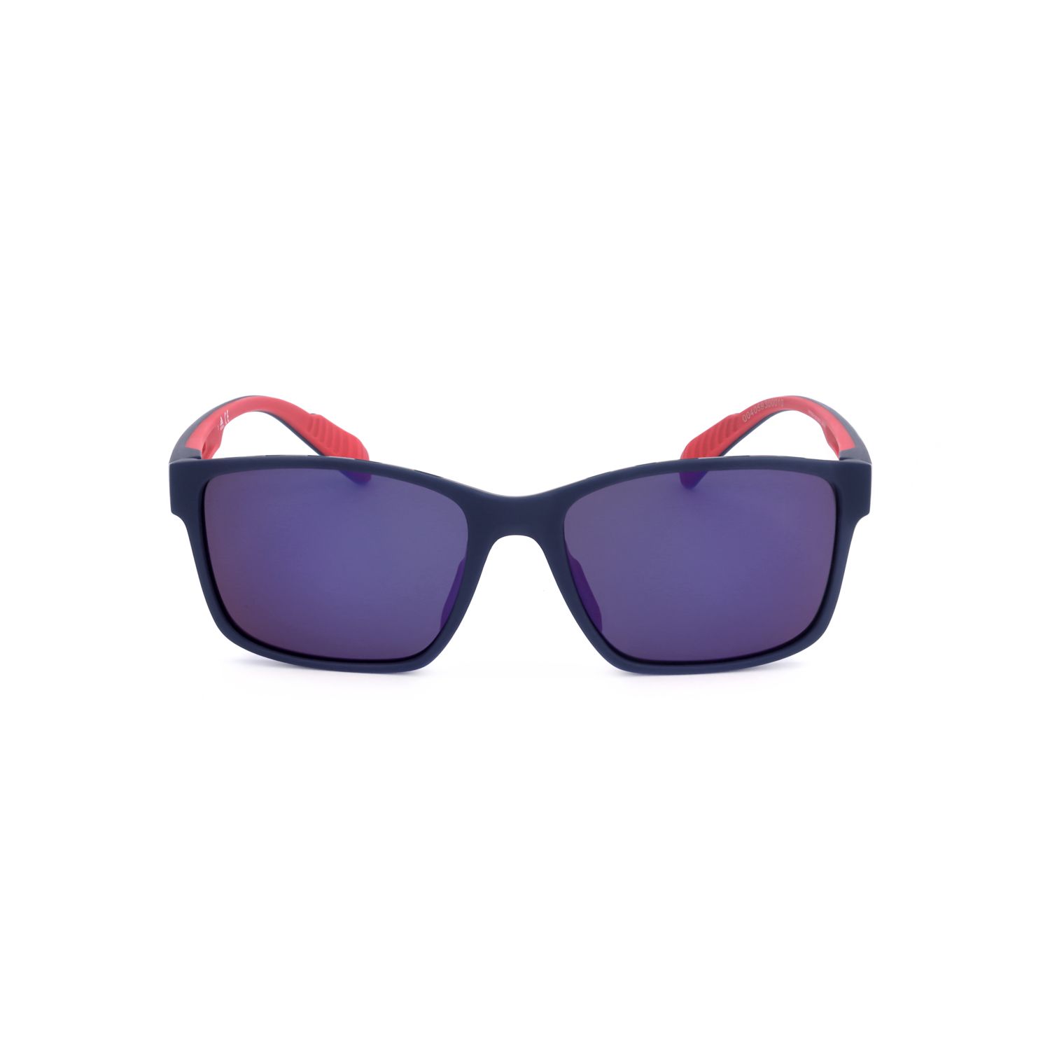 Occhiali da sole blu scuro con aste rosse e lenti viola.