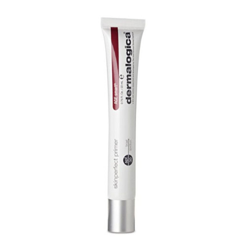 Tubo bianco con tappo argentato. Scritta: Dermalogica, Skinperfect Primer. Accento rosso. Testo: AGE Smart.