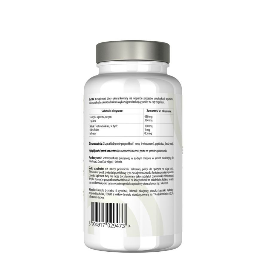 Retro del flacone bianco BEST LAB NAC. Informazioni sugli ingredienti e valori nutrizionali. Codice a barre in basso.