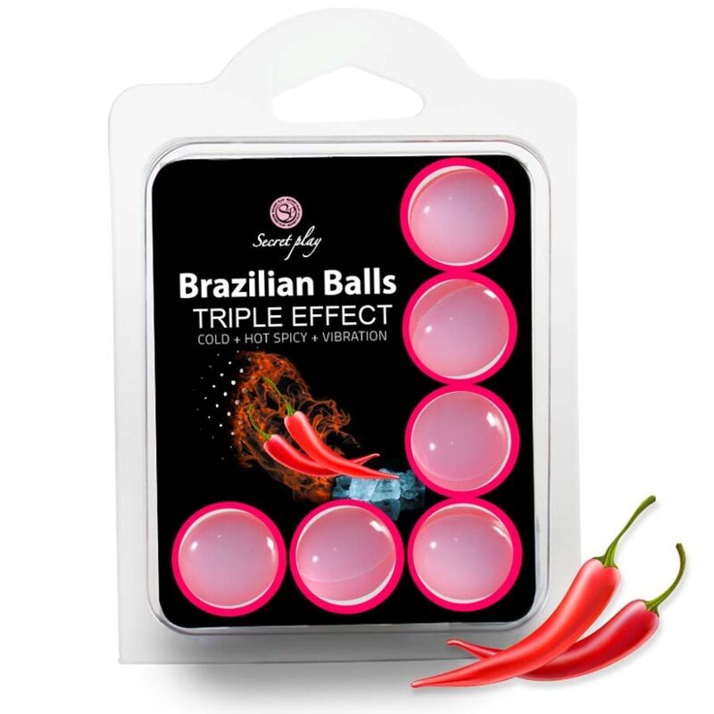 Confezione con sei sfere rosa, scritta "Brazilian Balls Triple Effect" e motivo peperoncino.