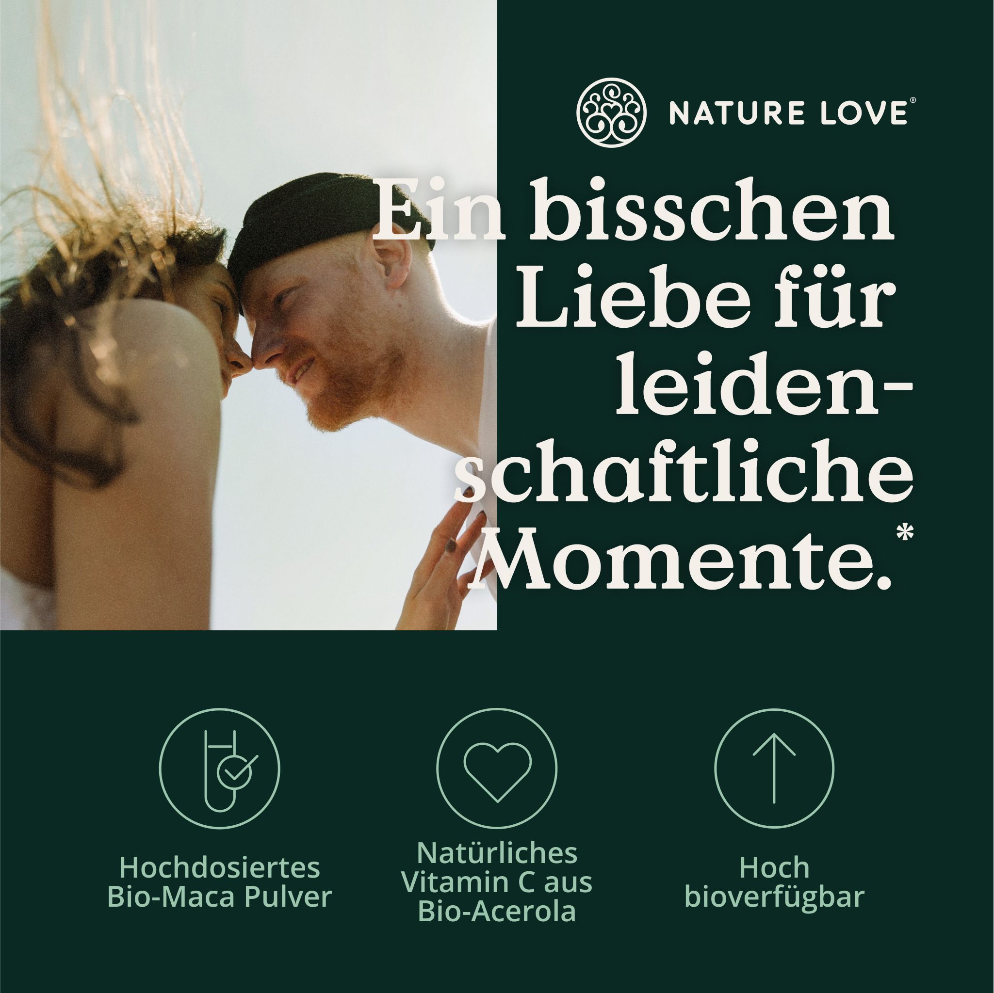 Coppia che si tocca la testa. Testo: Polvere di maca bio ad alta dose, Vitamina C naturale, altamente biodisponibile. Logo: NATURE LOVE®.