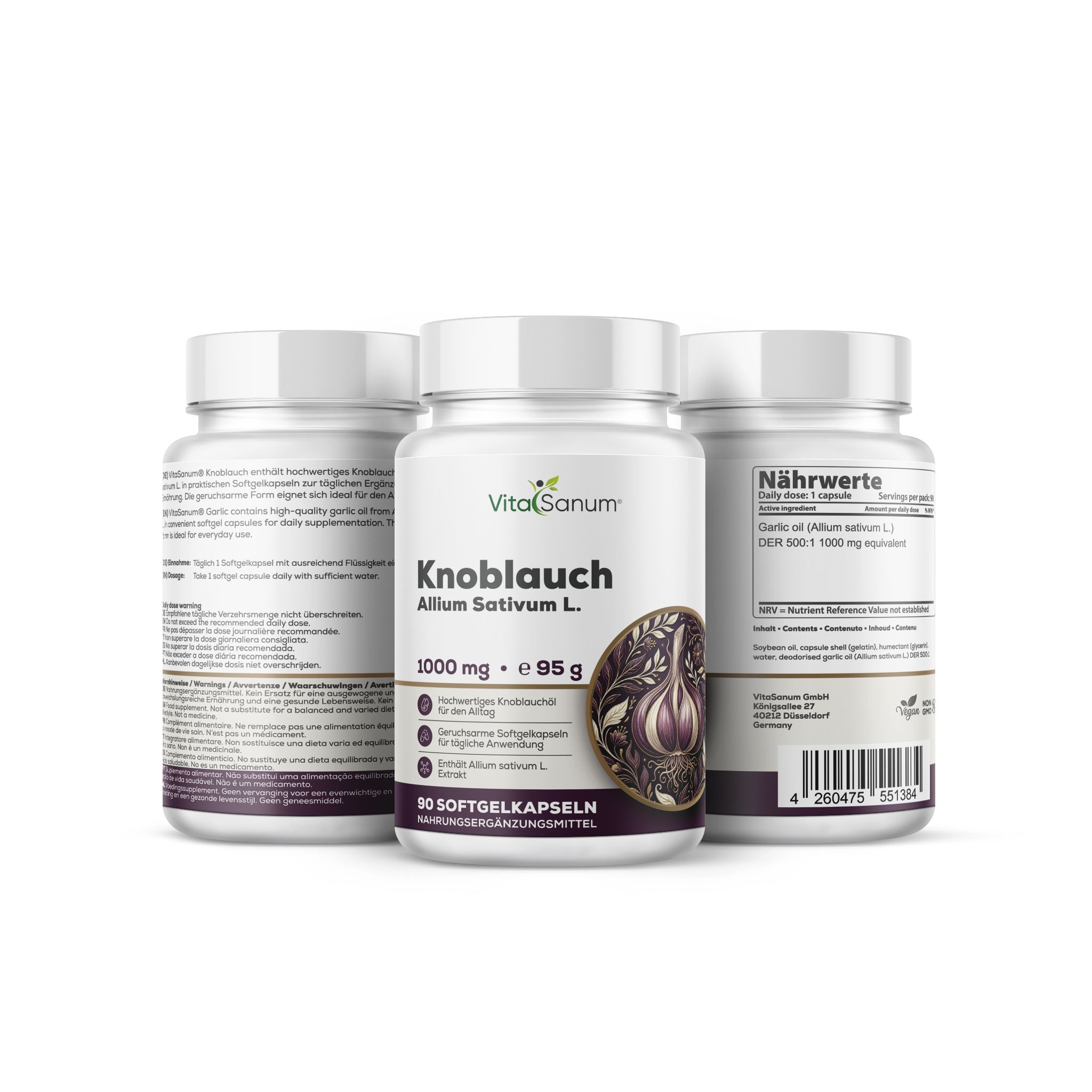 VitaSanum Capsule molli d'aglio: 1000 mg, 90 capsule, con etichetta posteriore.
