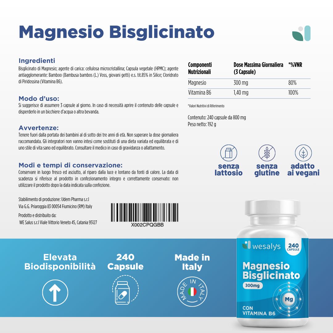 Informazioni sul prodotto. Flacone bianco con etichetta blu. Scritto: Magnesio Bisglicinato, 300mg, 240 capsule. CON VITAMINA B6. Marchio: wesalys.