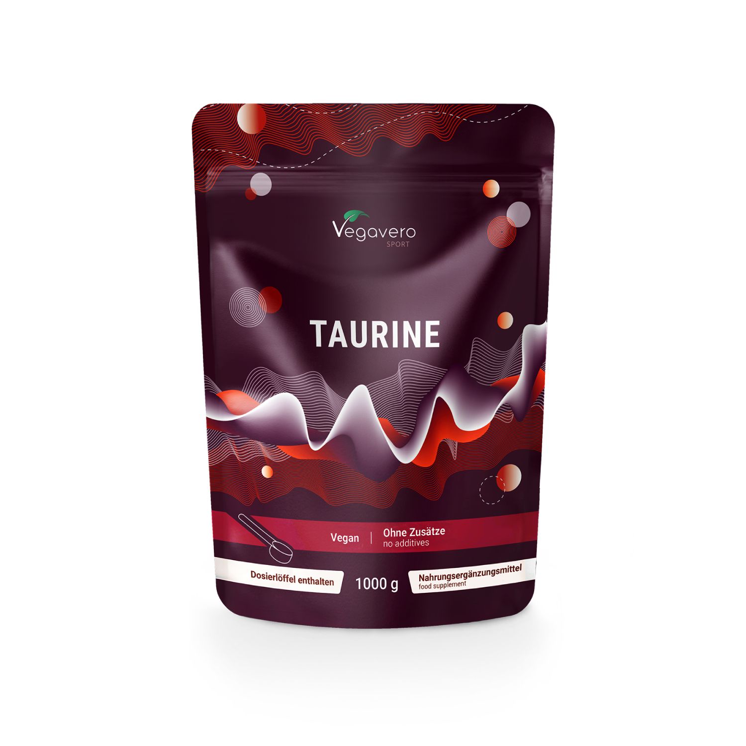Busta di polvere di taurina VEGAVERO. Scritta: TAURINE, 1000 g, Vegan, Senza additivi. Misurino dosatore incluso.