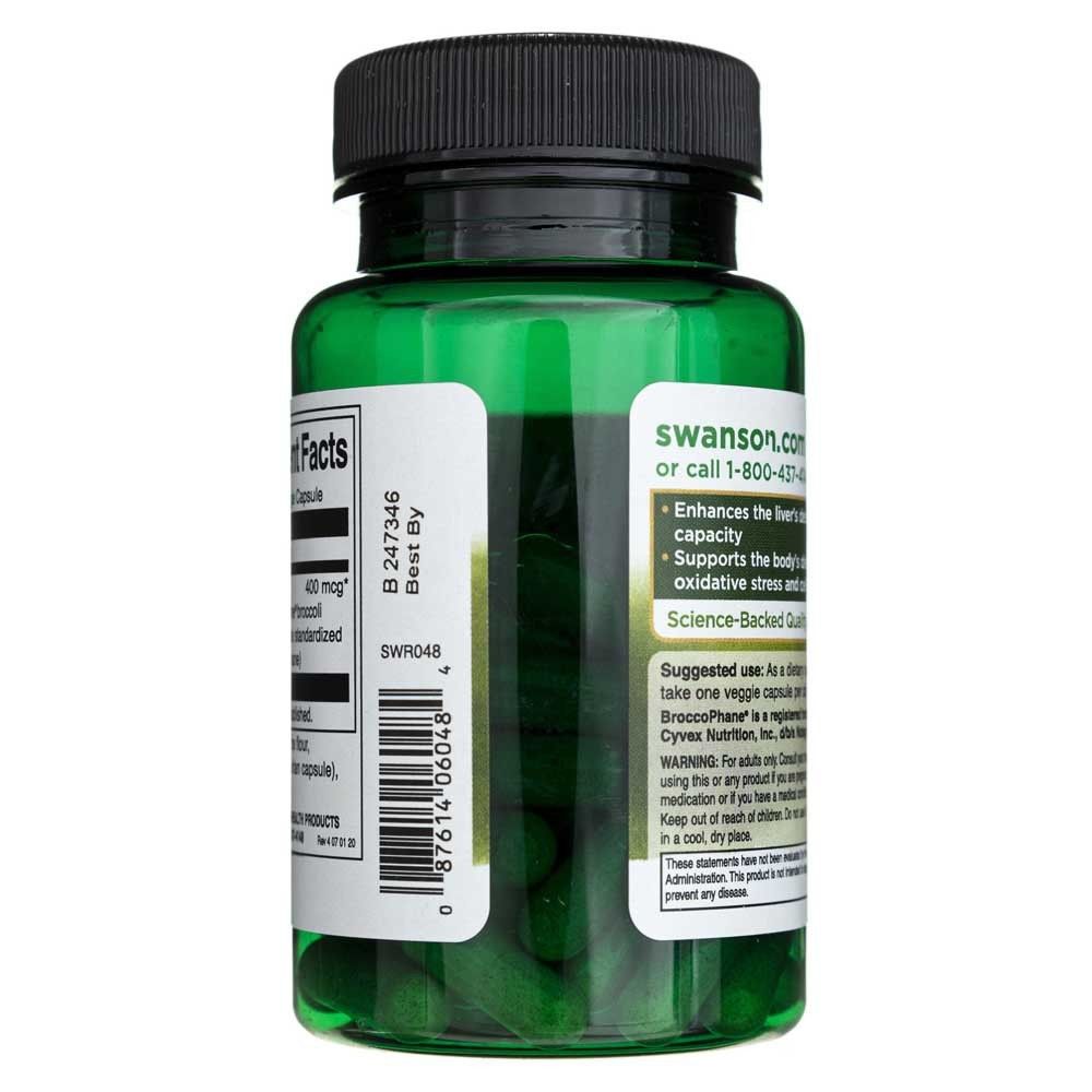 Flacone verde con tappo nero, Informazioni sull'integratore, codice a barre, Swanson.com, Broccophané.