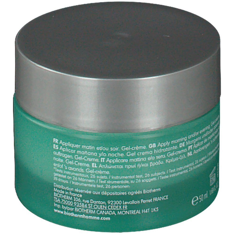 Vasetto verde con coperchio argentato. Scritta illeggibile. Prodotto BIOTHERM HOMME.
