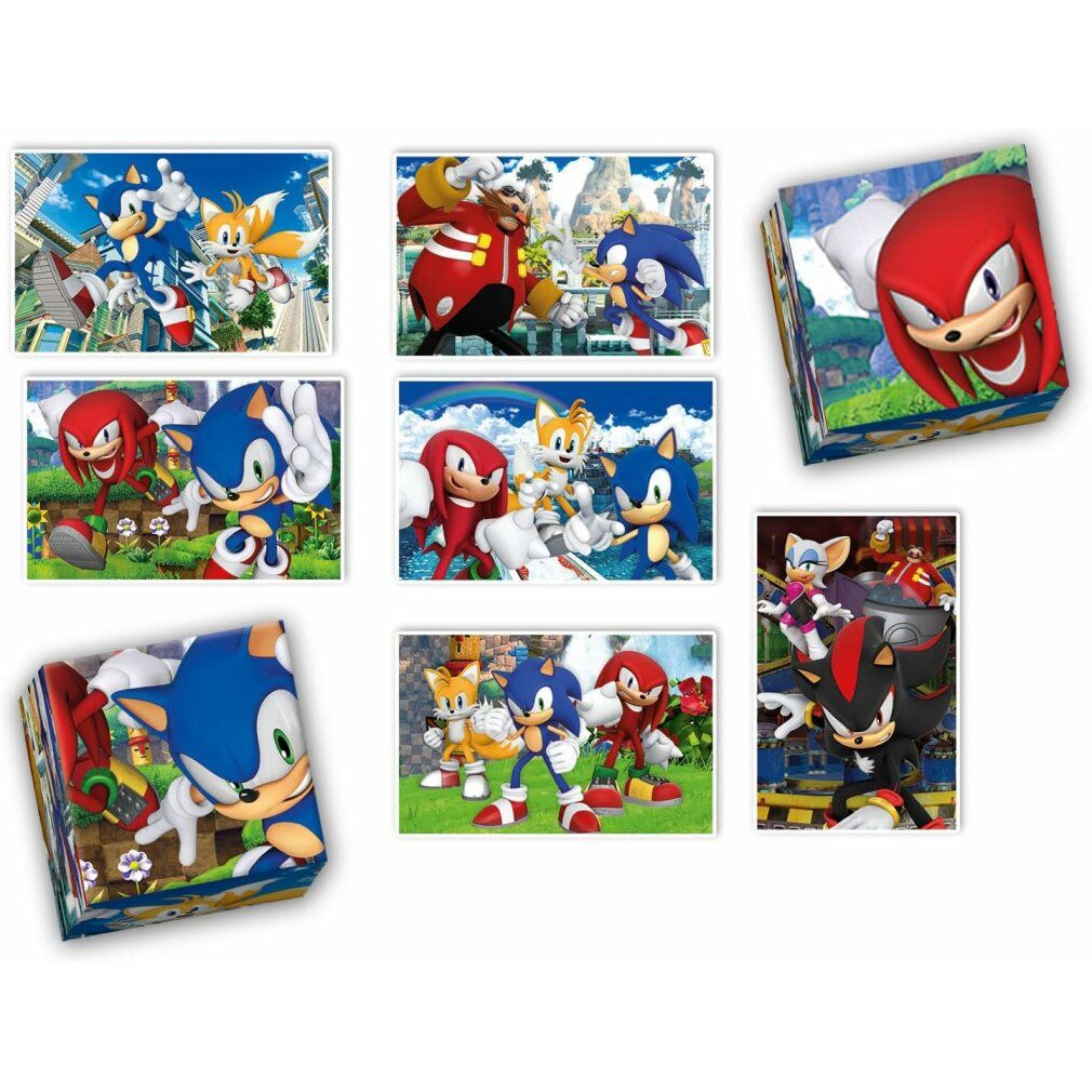 Vari pezzi di puzzle e cubi con personaggi Sonic. Diversi puzzle con motivi diversi e cubi con teste di personaggi.