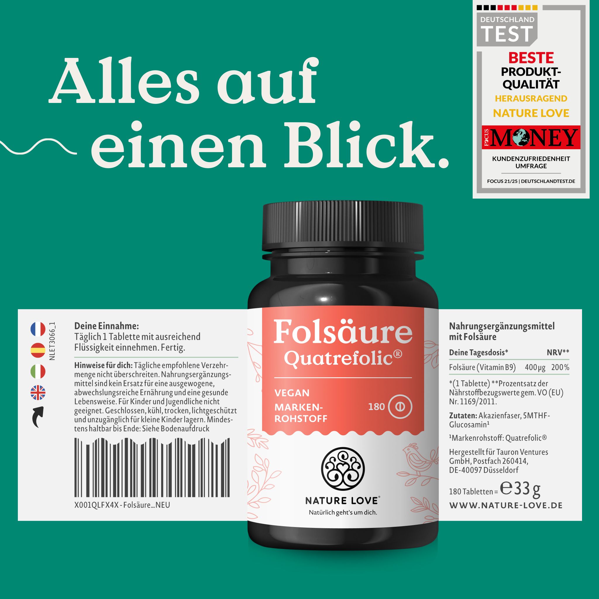Flacone di acido folico Quatrefolic con etichetta. "Integratore alimentare".