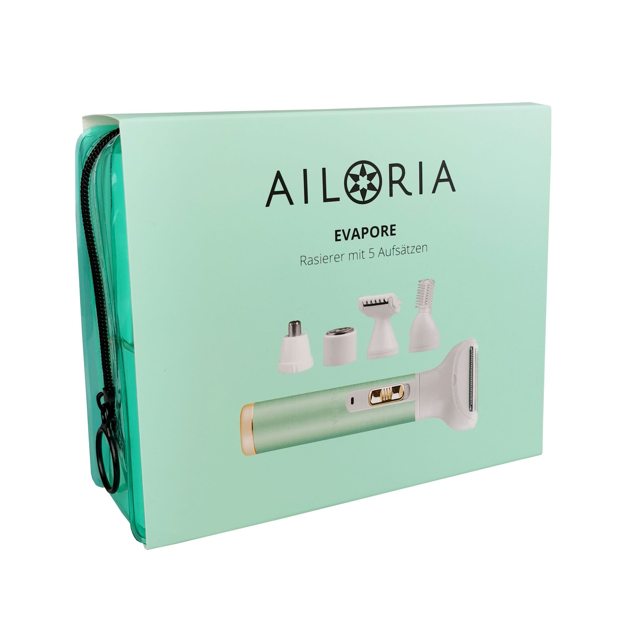 Confezione con rasoio e accessori. Scritta AILORIA EVAPORE. Colori verde e bianco.