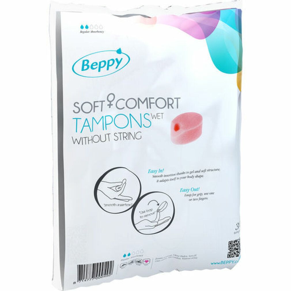 Confezione di tamponi Beppy Soft + Comfort senza filo. Tampone rosa illustrato. Testo: Easy In! Easy Out! 3 pezzi.