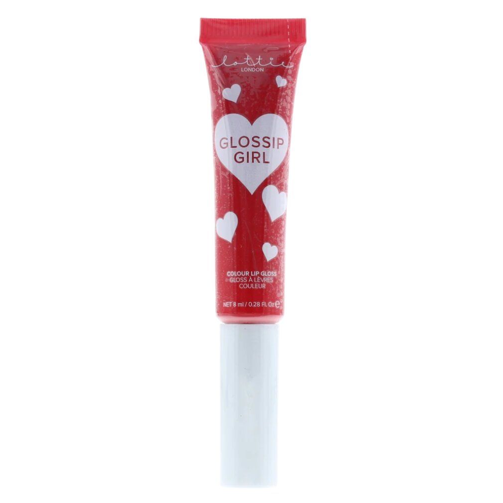 Tubo rosso con applicatore bianco. Scritta "GOSSIP GIRL" a forma di cuore. Piccoli cuori sul tubo.