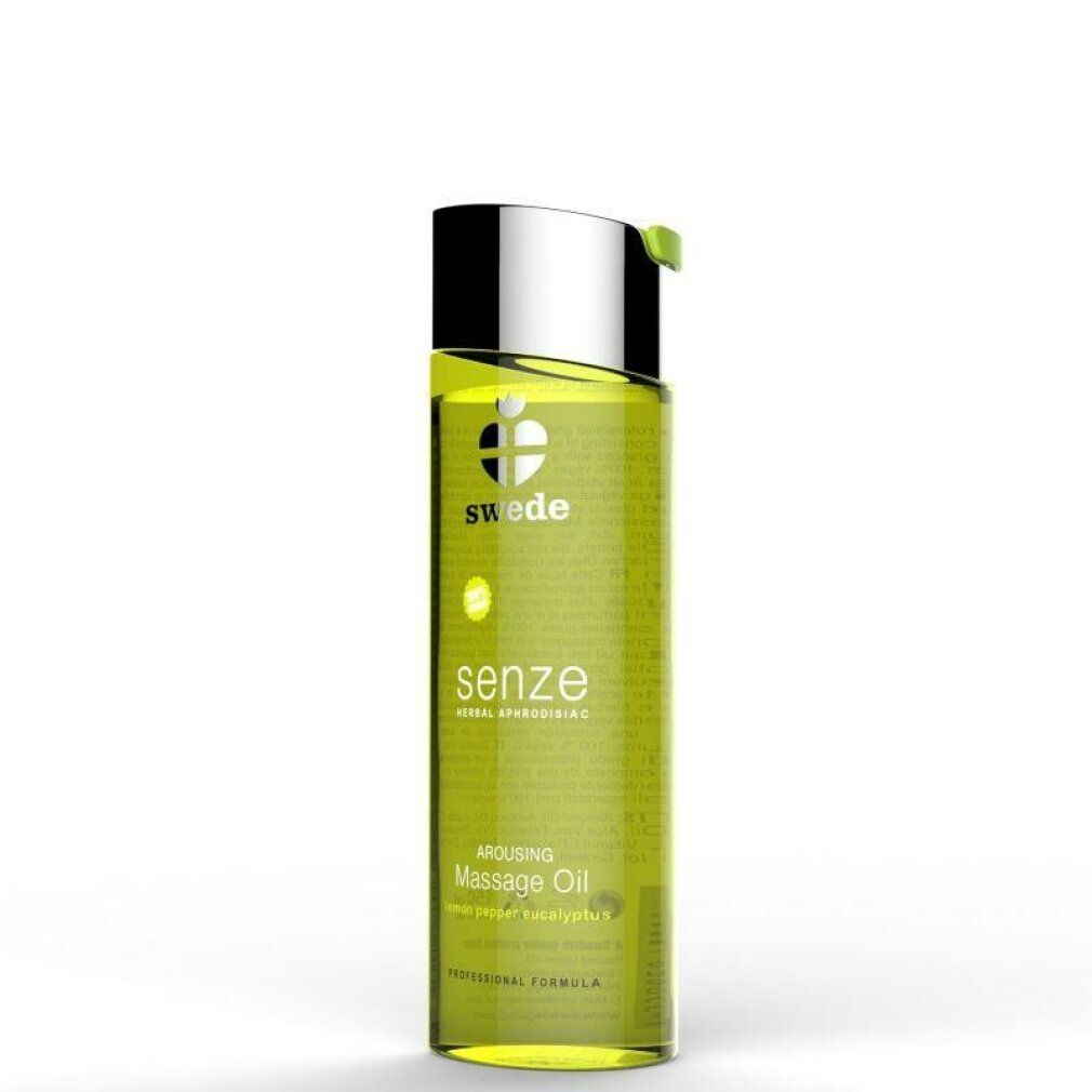 Flacone in vetro verde con tappo argentato. Scritte: Swede, senze, Massage Oil. Contiene Lemon Pepper Eucalyptus.