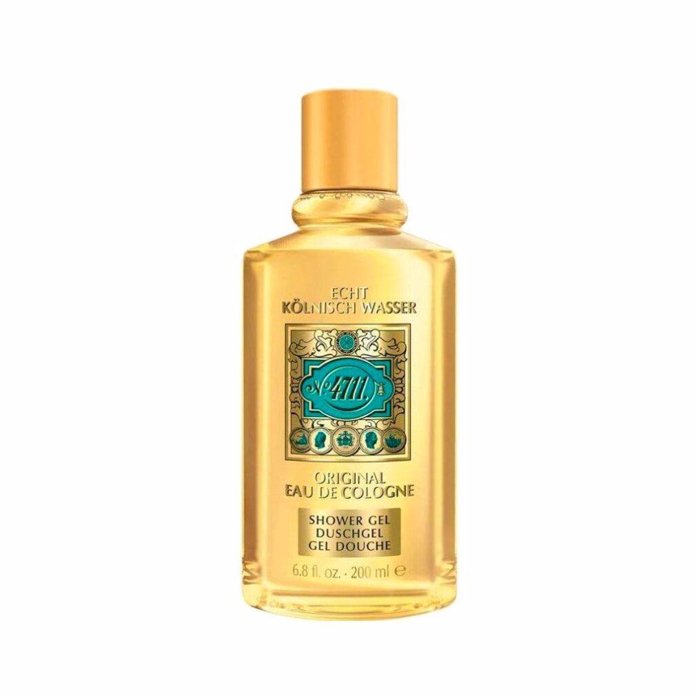 Flacone giallastro con tappo dorato. Etichetta con testo e logo 4711. 'Original Eau de Cologne' è scritto.