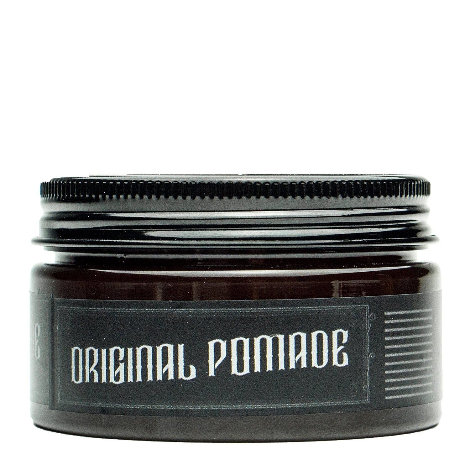 Vasetto scuro con coperchio nero, etichetta "ORIGINAL POMADE".