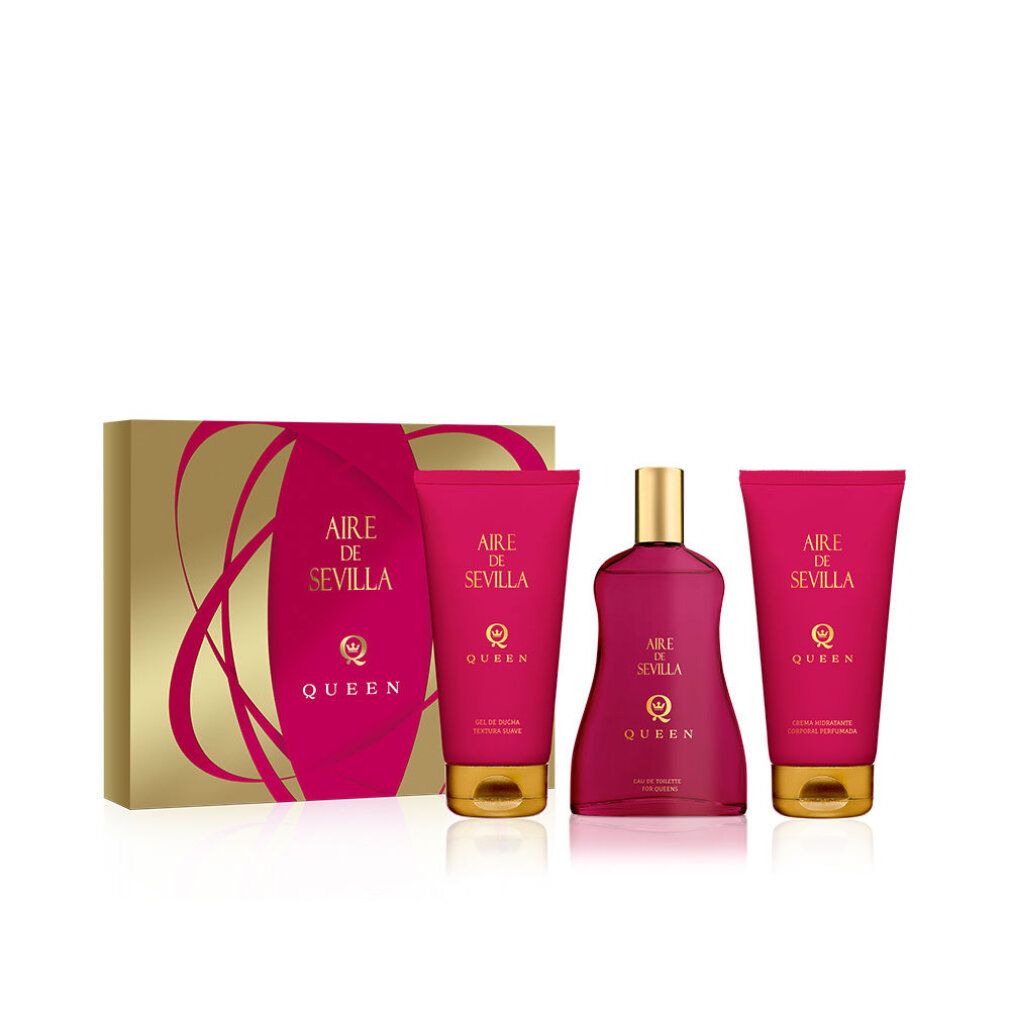 Set regalo con tre prodotti e una scatola. Tubi e flacone rosa con dettagli dorati. Scritta: Aire de Sevilla Queen.