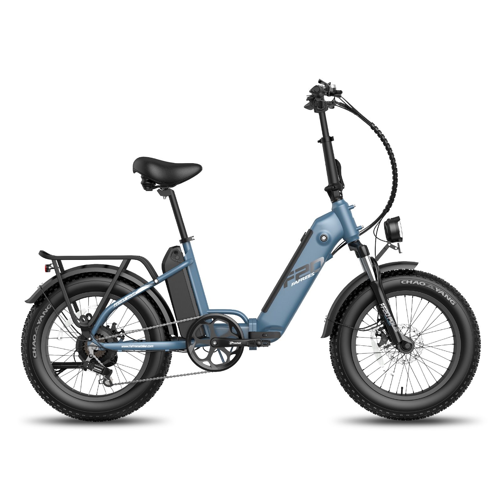 E-bike pieghevole blu. Pneumatici, sella e portapacchi neri. Faro anteriore. Marchio Fafrees.