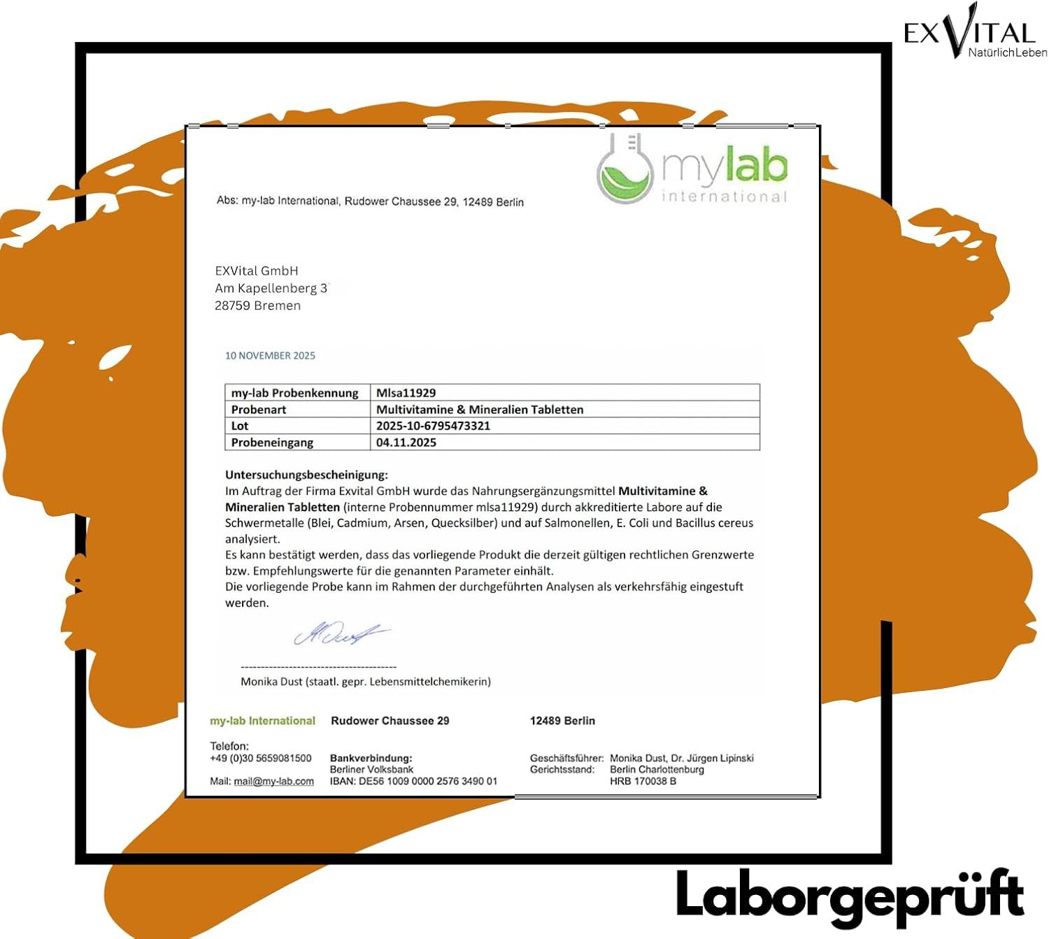 Rapporto di laboratorio con logo. Testo: mylab, compresse EXVital Multivitamine & Minerali, testato in laboratorio.