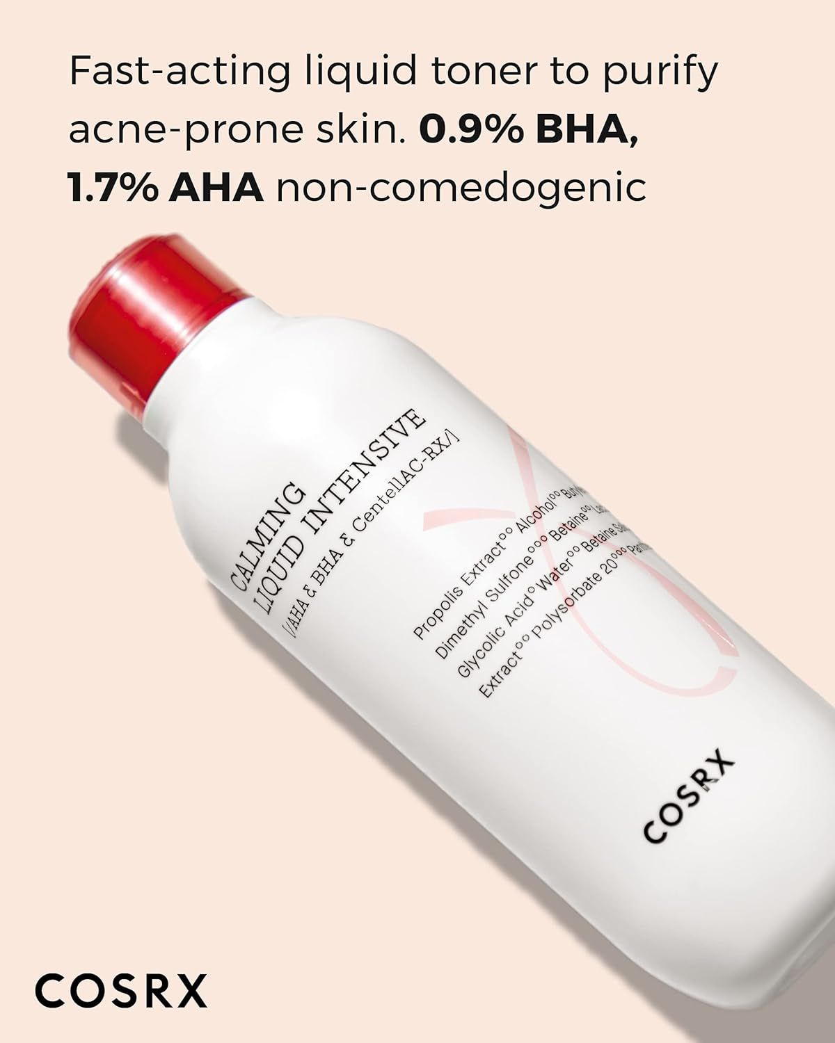Flacone COSRX Calming Liquid Intensive con tappo rosso. Testo: Fast-acting liquid toner to purify acne-prone skin. 0.9% BHA, 1.7% AHA non-comedogenic.