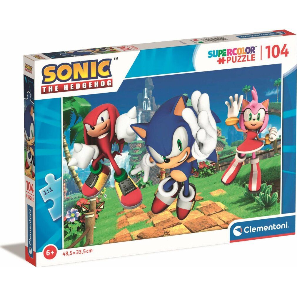 Scatola puzzle Sonic. Scritta: Sonic the Hedgehog, 104 pezzi, 6+. Dimensioni: 48,5 x 33,5 cm. Marchio: Clementoni.