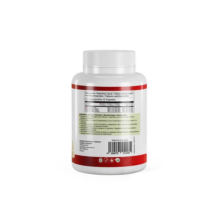 Flacone bianco con fascia rossa. Retro con informazioni nutrizionali e codice a barre. Informazioni prodotto in tedesco, italiano, francese.