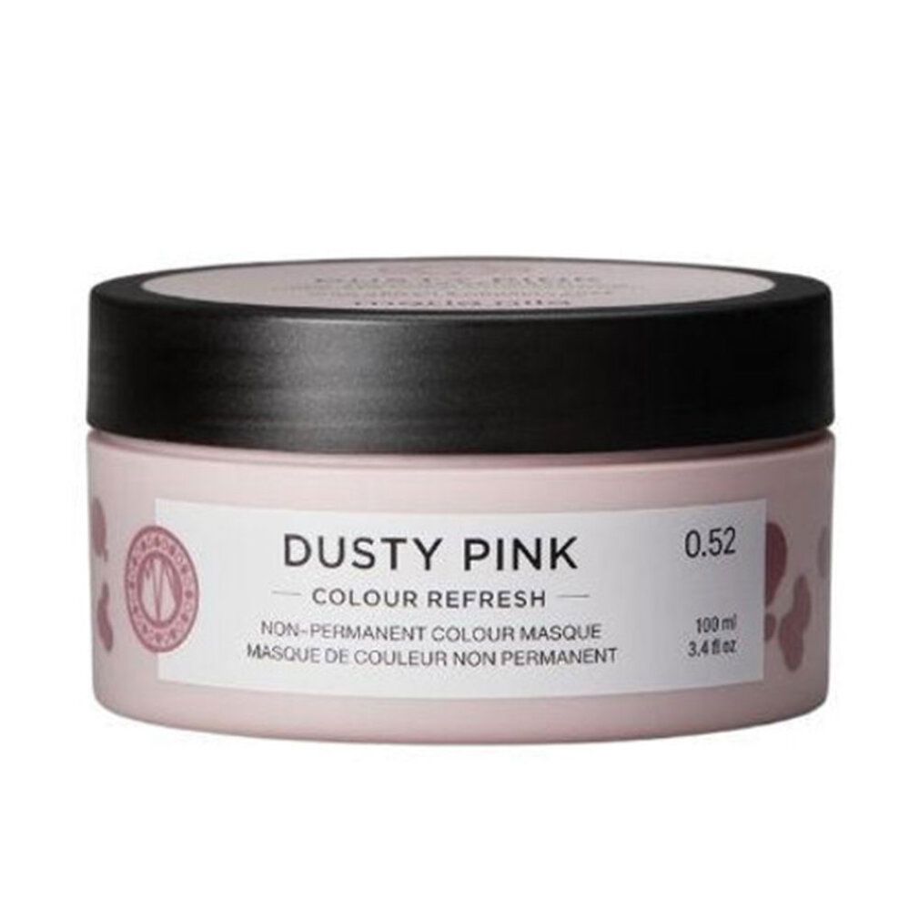 Barattolo rotondo, coperchio nero. Etichetta rosa. Testo: Dusty Pink, Colour Refresh, Maria Nila. 0.52. 100ml.