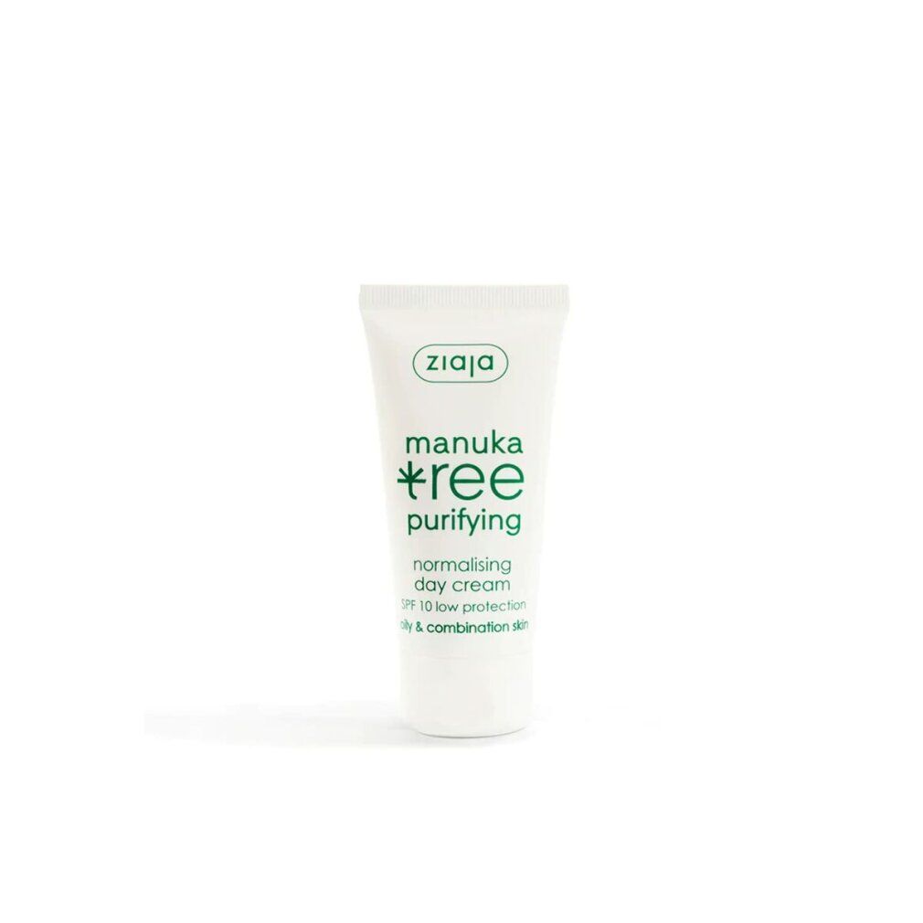 Tubo bianco con stampa verde. Testo: Ziaja, Manuka Tree, purifying, normalising day cream, SPF 10. Per pelli grasse e miste.