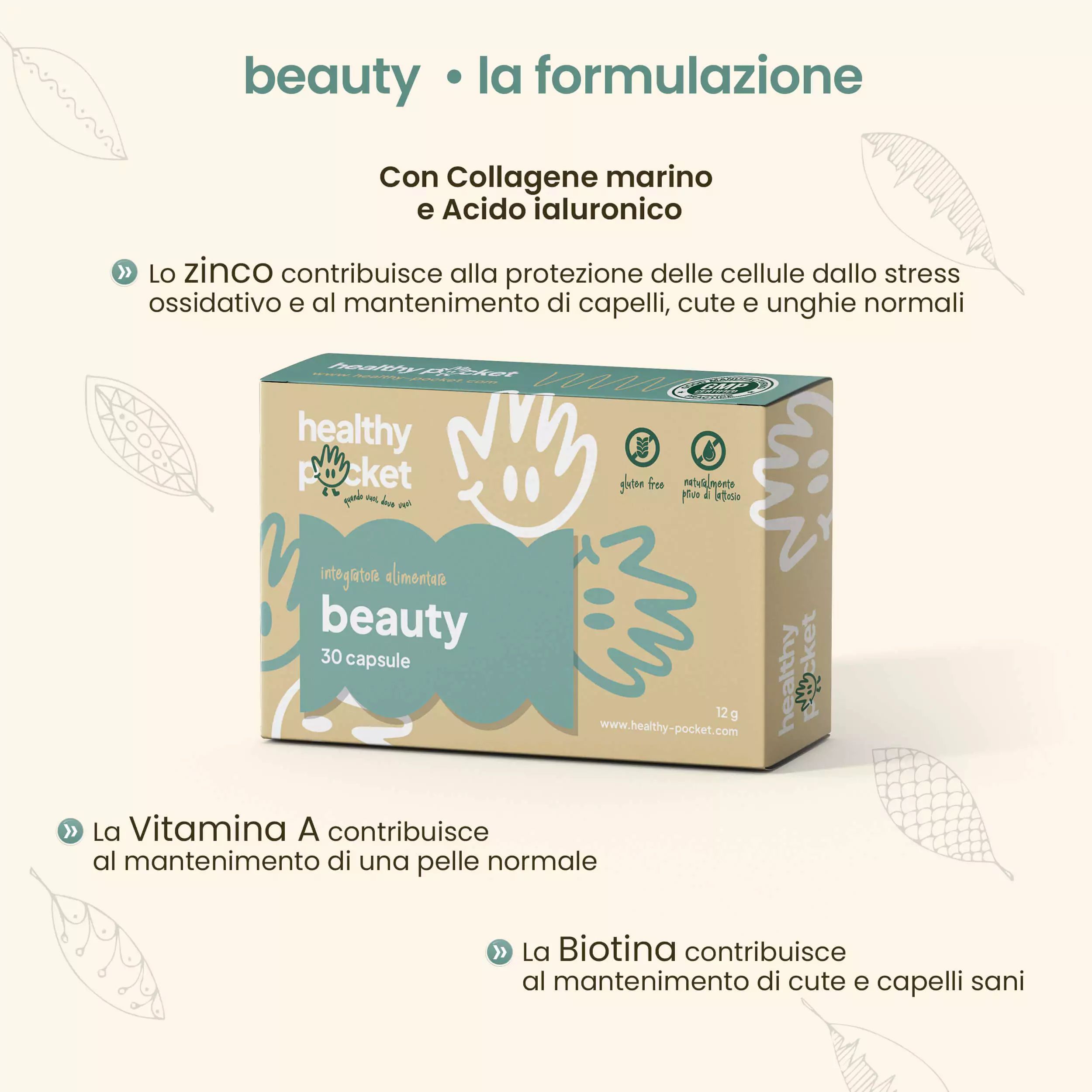 Confezione capsule Beauty con collagene e acido ialuronico per pelle, capelli, unghie.