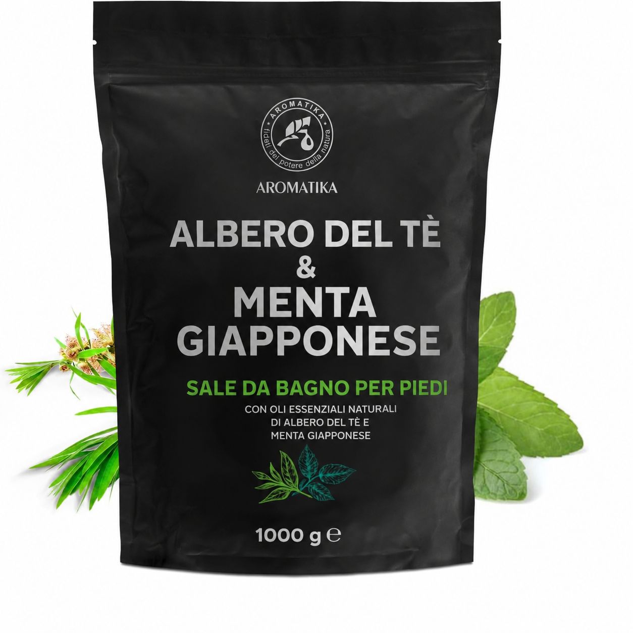 Confezione nera con nome e logo del prodotto. Erbe e foglie illustrate. 1000 g.
