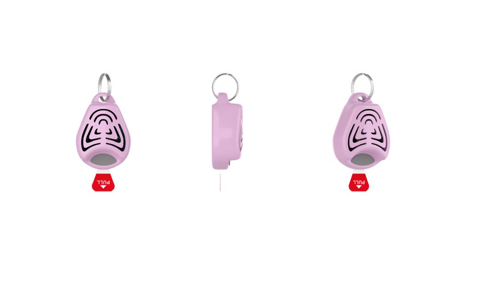 TICKLESS Bambino Rosa: Repellente per zecche mostrato da tre angolazioni. Con portachiavi e linguetta rossa "PULL".