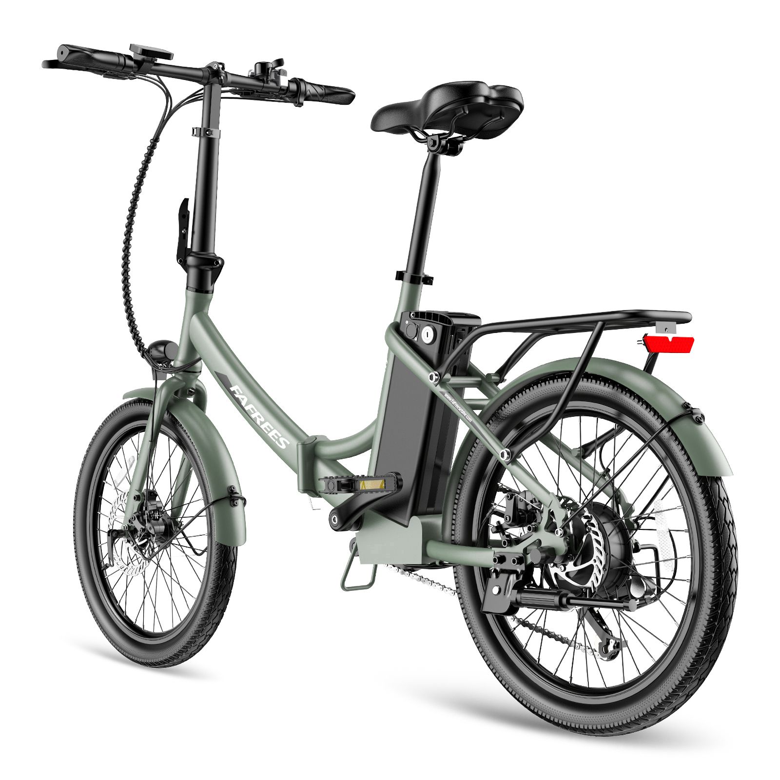 E-bike Fafrees F20Light verde chiaro. Telaio pieghevole, portapacchi, parafanghi. Pneumatici e sella neri. Batteria sul telaio.