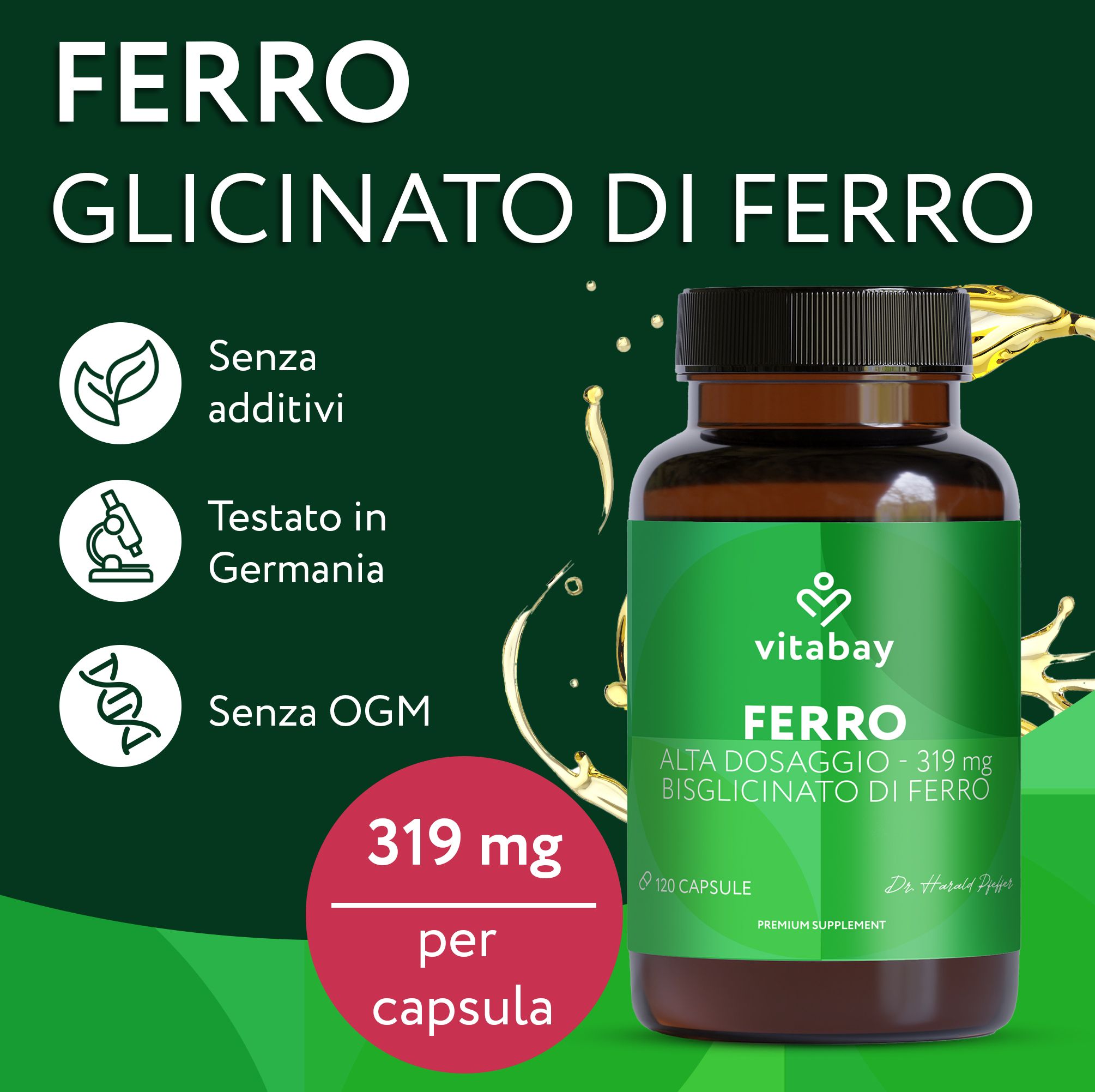 Capsula Vitabay Ferro 319 mg bisglicinato di ferro. Testato in Germania, senza OGM.
